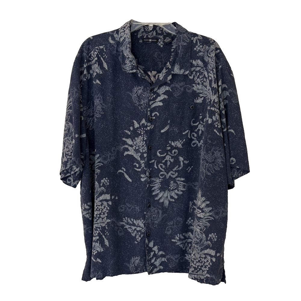 6A Mens Navy Blue Brushstroke Print 100% Silk Short Sleeve Button Down Shirt,XXL